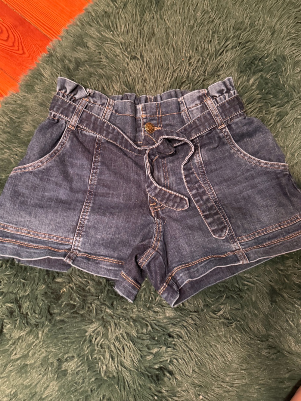 4/$20 💫 Y2K Paperbag Waist Dark Wash Denim Shorts Tie Belt Size M